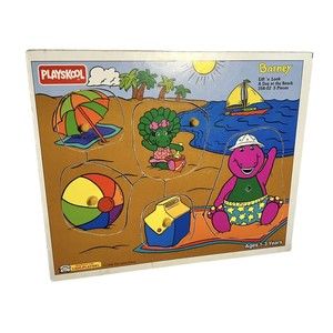 Vintage Barney 5 Piece Wooden Puzzle - Playskool - A day at the beach - 1993